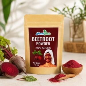 Glow&Ganic 100% Natural Beetroot Powder 50g pouch next to fresh beetroots and a bowl of beetroot powder