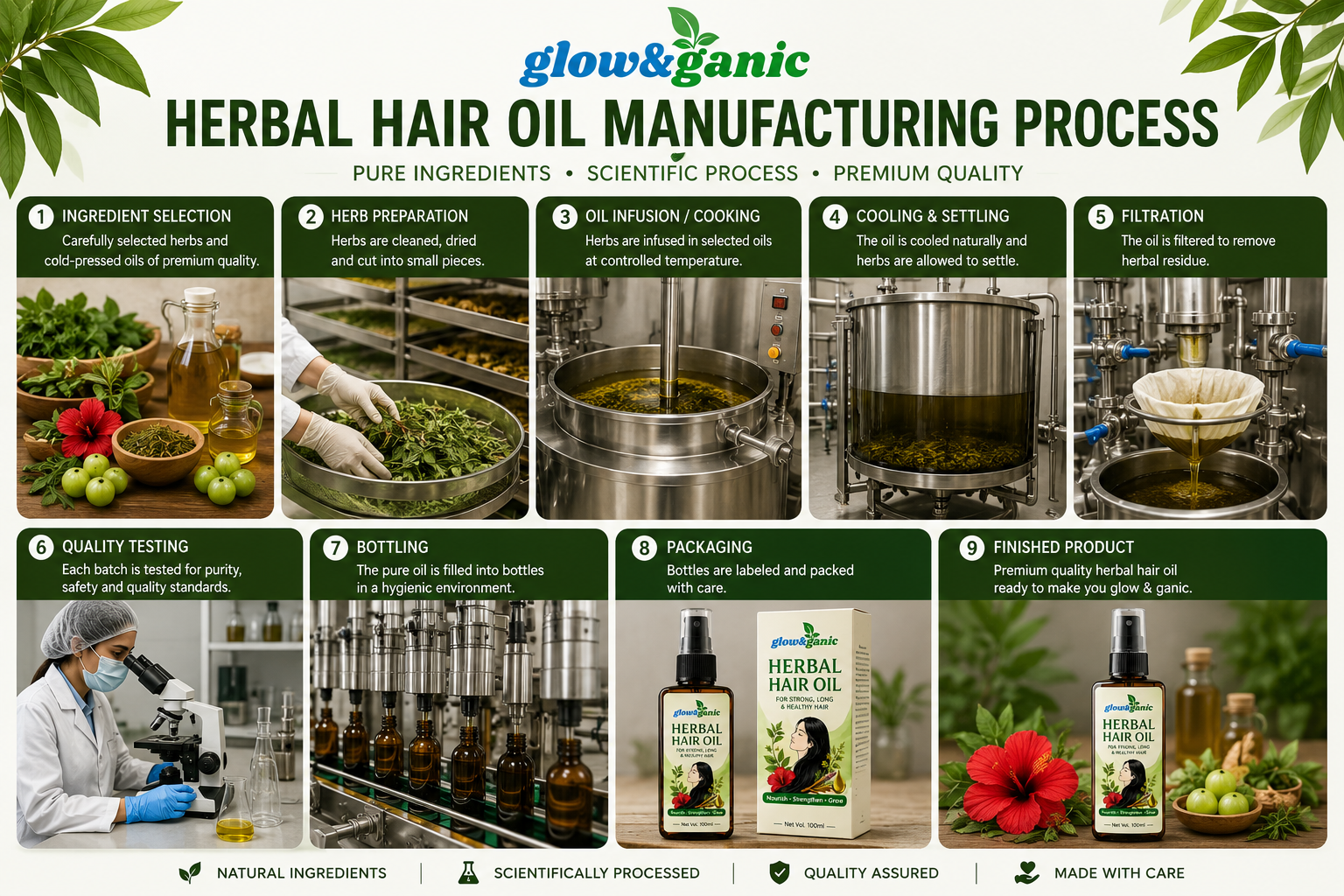 glow&ganic 9-step herbal hair oil manufacturing process: ingredient selection, herb preparation, oil infusion, cooling, filtration, quality testing, bottling, packaging, and finished product