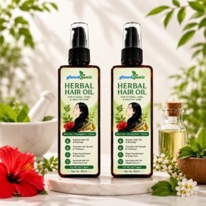 Two bottles of glow&ganic Herbal Hair Oil for strong, long, and healthy hair, enriched with 10+ herbal extracts